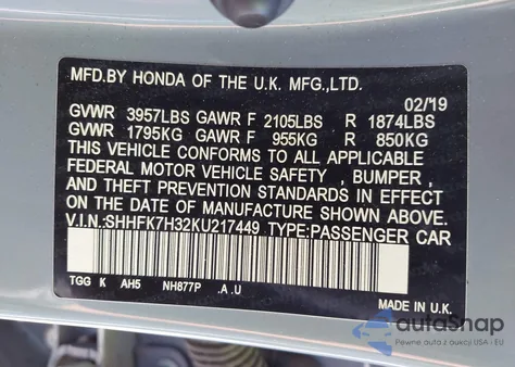 2019 Honda Civic Lx from USA, damaged, VIN SHHFK7H32KU217449